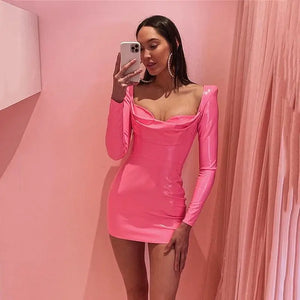PU Leather Fashion Long Sleeve Mini Dress