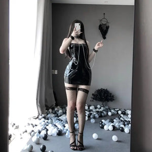 Pu Leather Gothic BodySuit with Chain