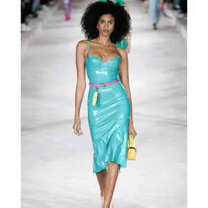 PU Leather Midi Spaghetti Sleeveless Dress - L / Sky blue