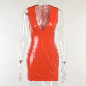 PU Leather Sleeveless Bodycon Dress - Orange / S