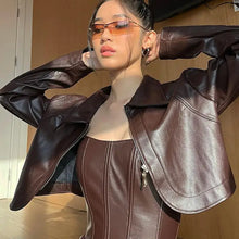 Load image into Gallery viewer, PU Leather Turn-down Collar Zipper Long Sleeve Jacket &amp;