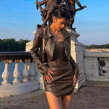 Load image into Gallery viewer, PU Leather Turn-down Collar Zipper Long Sleeve Jacket &amp;