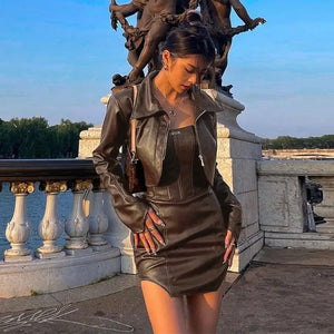 PU Leather Turn-down Collar Zipper Long Sleeve Jacket &