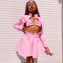 Load image into Gallery viewer, PU Leather Zip Up Jacket &amp; Pleated Skirt Set