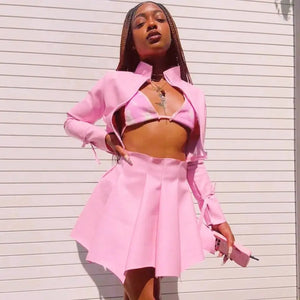 PU Leather Zip Up Jacket & Pleated Skirt Set
