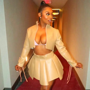 PU Leather Zip Up Jacket & Pleated Skirt Set - Khaki / L