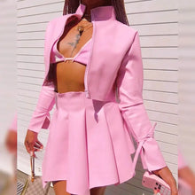 Load image into Gallery viewer, PU Leather Zip Up Jacket &amp; Pleated Skirt Set - Pink / S