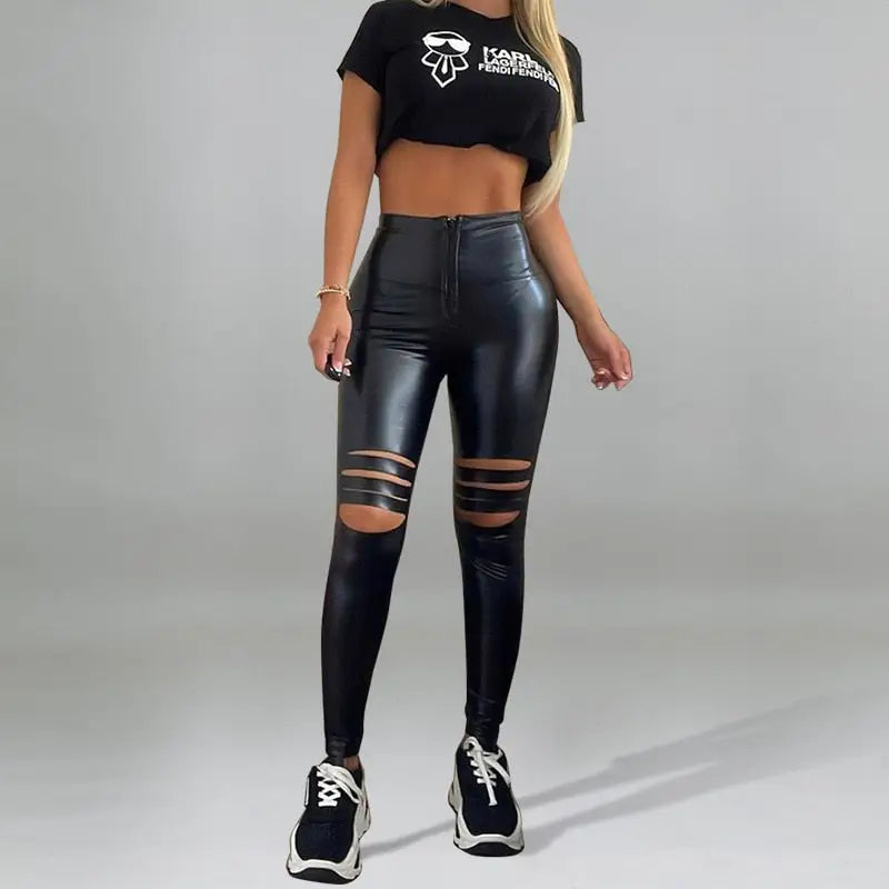 PU Pencil High Waist Zip Up Faux Leather Leggings