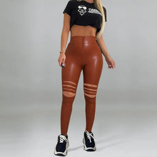 Load image into Gallery viewer, PU Pencil High Waist Zip Up Faux Leather Leggings - Brown