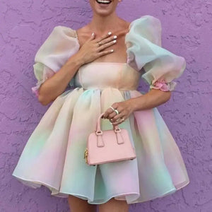 Puff Sleeve Tulle Tutu Princess Dress - L / Multicolor