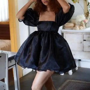Puff Sleeve Tulle Tutu Princess Dress - M / Black