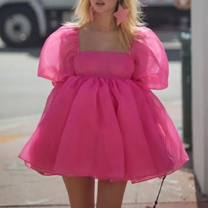 Puff Sleeve Tulle Tutu Princess Dress - M / Rose Red