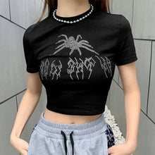 Load image into Gallery viewer, Punk Rhinestone Spider Goth Graphic T-Shirt - Black / S