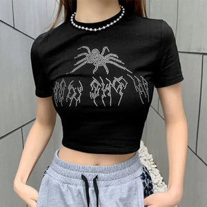Punk Rhinestone Spider Goth Graphic T-Shirt - Black / S