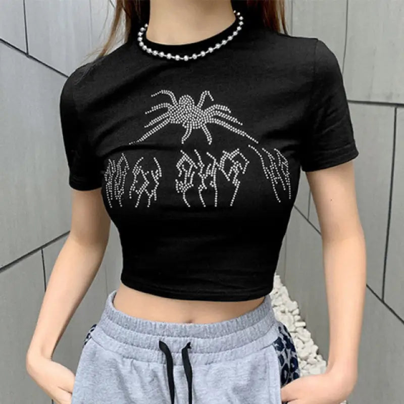 Punk Rhinestone Spider Goth Graphic T-Shirt - Black / S
