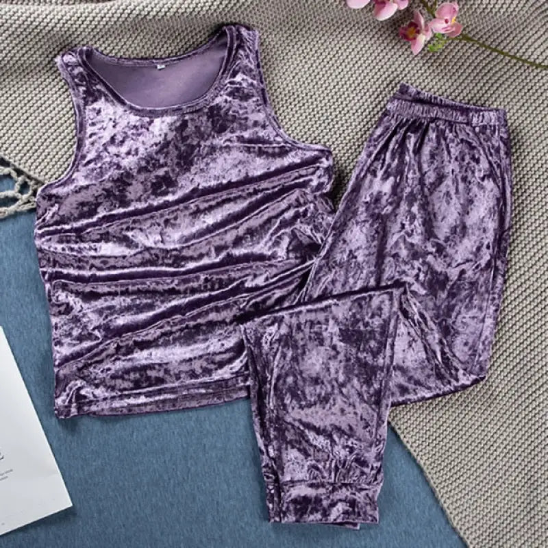 Purple Velvet Sleeveless Tank Top And Pants Set - L