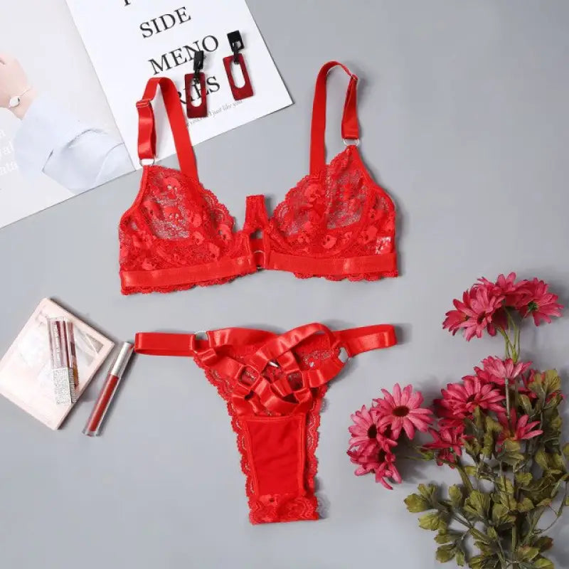 Push Up Lace Hollow Out Lingerie Set - Red / L