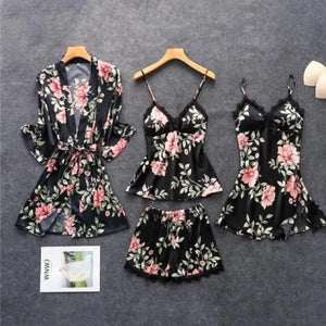 Rayon Nightwear Kimono Sleepwear - Black Set - B / XL