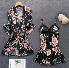 Load image into Gallery viewer, Rayon Nightwear Kimono Sleepwear - Black Set - C / L