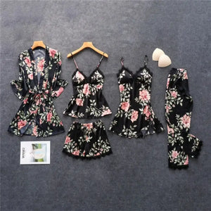 Rayon Nightwear Kimono Sleepwear - Black Set - A / M