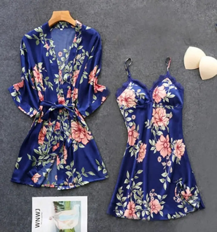 Rayon Nightwear Kimono Sleepwear - Navy blue Set - C / L