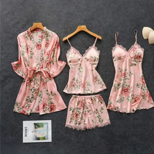Rayon Nightwear Kimono Sleepwear - Pink Set - B / XL