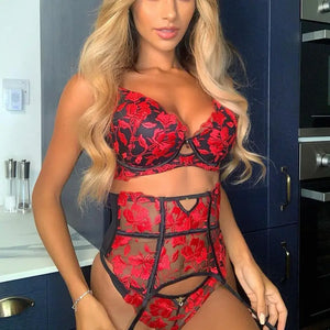 Red See Through Floral 3 Pieces Lace Lingerie Set