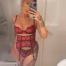 Load image into Gallery viewer, Red See Through Floral 3 Pieces Lace Lingerie Set