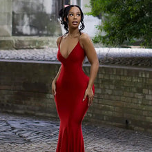 Load image into Gallery viewer, Red Spaghetti Ruched Backless Maxi Dress