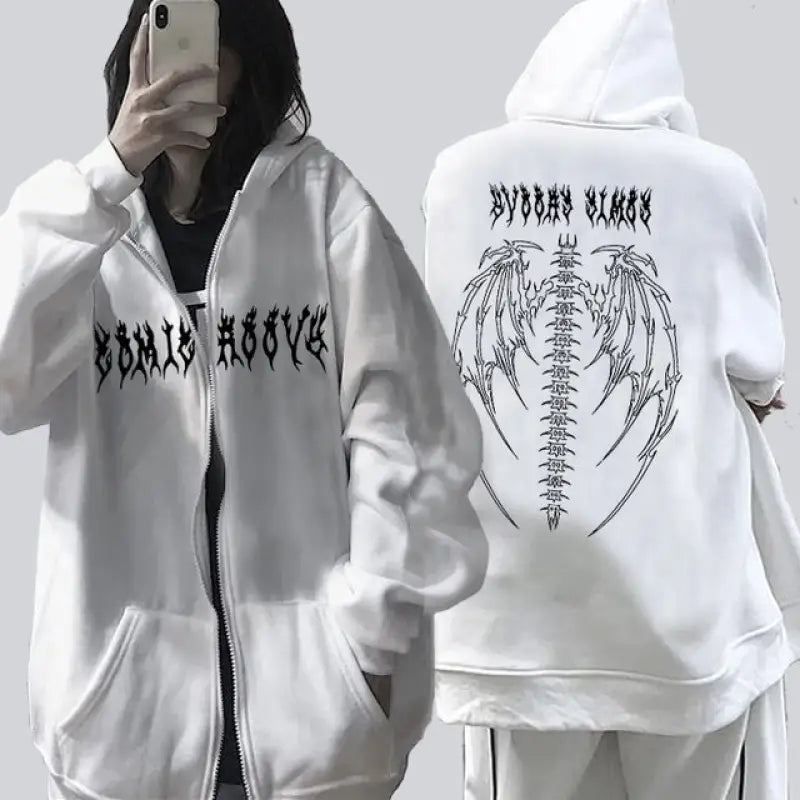 Retro Gothic Oversized Punk Hoodie - Cardigan White / 4XL