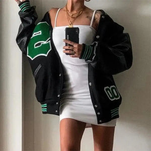 Retro PU Leather Stitching Baseball Uniform Jacket - Black
