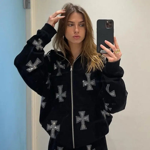 Rhinestone graphics Oversized Y2k Hoodie - black / M