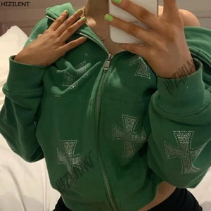 Rhinestone graphics Oversized Y2k Hoodie - green / XL