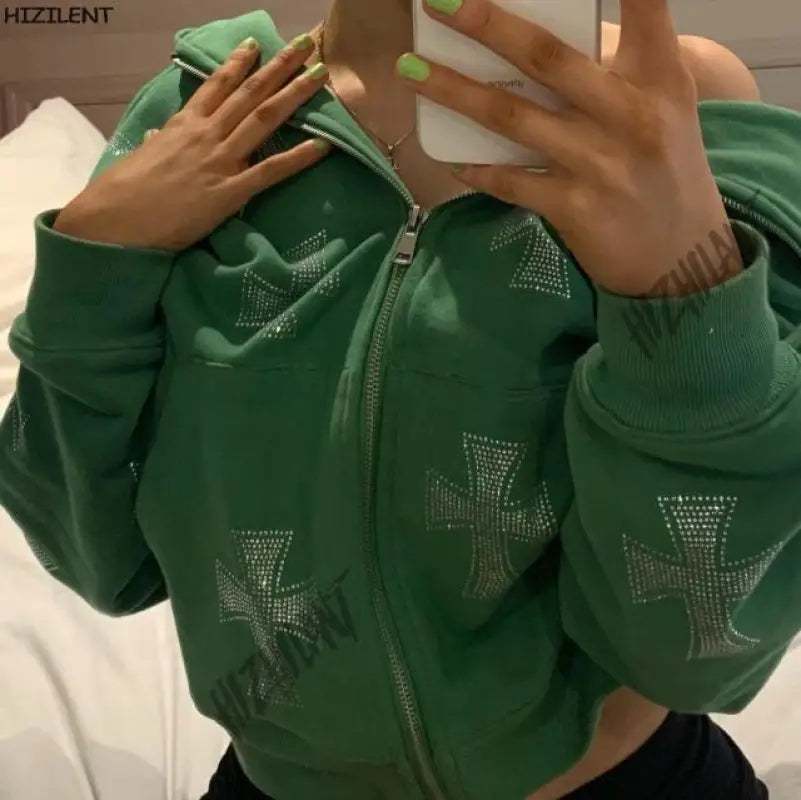 Rhinestone graphics Oversized Y2k Hoodie - green / XL
