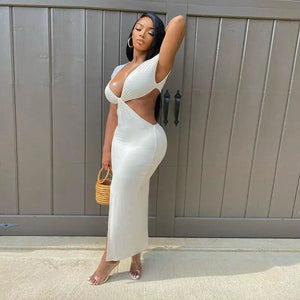 Rib Knitted V Neck Hollow Out Split Maxi Dress