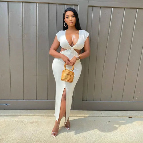 Rib Knitted V Neck Hollow Out Split Maxi Dress