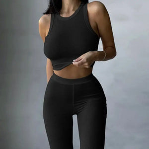 Ribbed Comfortable Knitted Fitness Two Pieces Set - black
