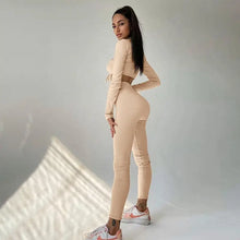 Load image into Gallery viewer, Ribbed Lace Up Drawstring Long Sleeve Crop Top &amp; Leggings