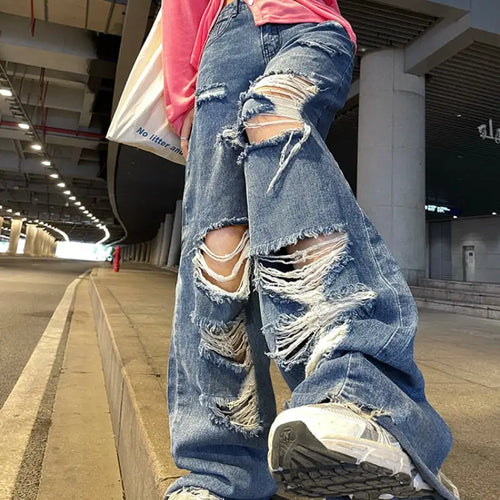 Ripped High Waist Loose Straight Wide Leg Y2k Pants