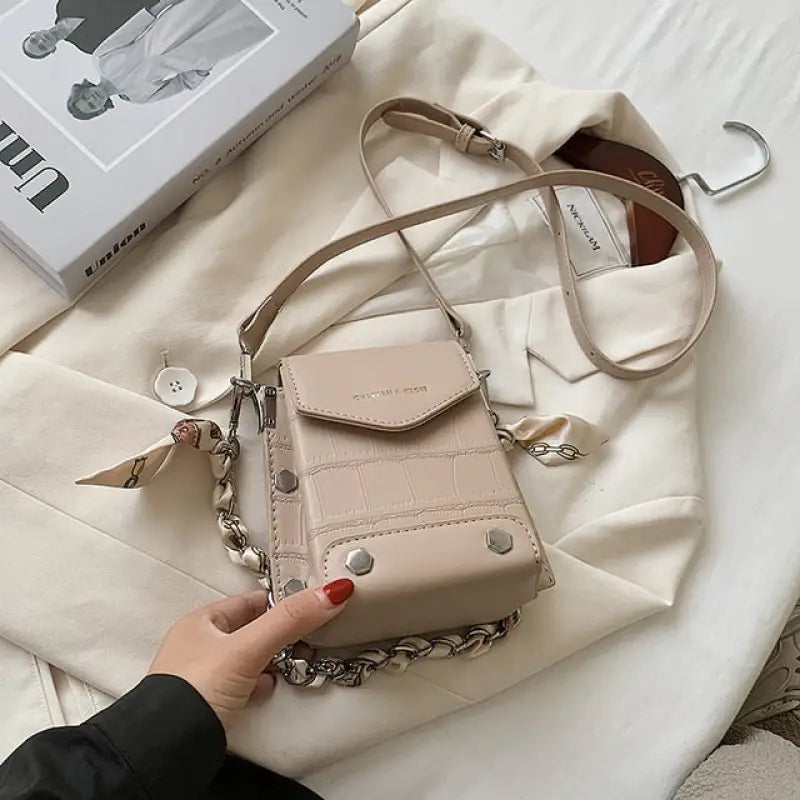 Rivets PU Leather Crossbody Bag - Khaki / Mini(Max