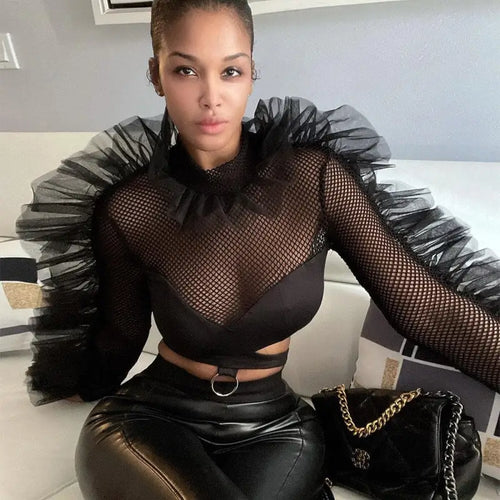 Round Neck Long Sleeve Hollow Lace-up Crop Top