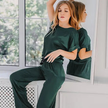 Load image into Gallery viewer, Round Neck Short Sleeve Top &amp; Solid Loose Satin Pants Set