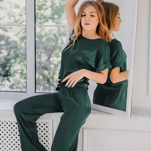 Round Neck Short Sleeve Top & Solid Loose Satin Pants Set