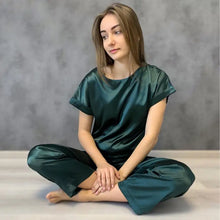 Load image into Gallery viewer, Round Neck Short Sleeve Top &amp; Solid Loose Satin Pants Set
