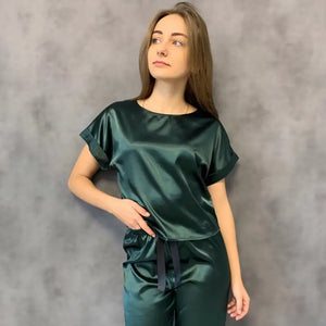 Round Neck Short Sleeve Top & Solid Loose Satin Pants Set