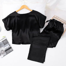 Load image into Gallery viewer, Round Neck Short Sleeve Top &amp; Solid Loose Satin Pants Set