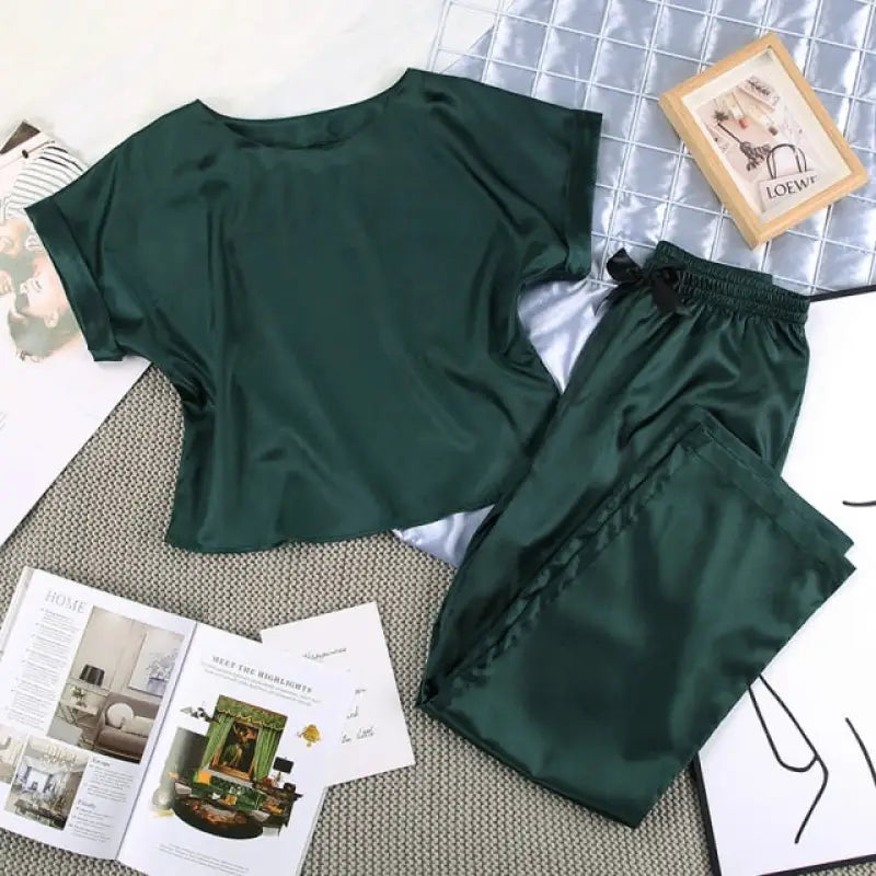 Round Neck Short Sleeve Top & Solid Loose Satin Pants Set