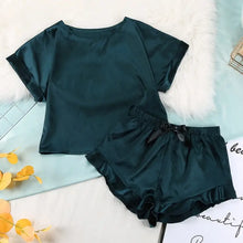 Load image into Gallery viewer, Round Neck Short Sleeve Top &amp; Solid Loose Satin Pants Set