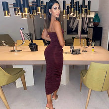 Load image into Gallery viewer, Ruched Strap Midi V Neck Bodycon Dress
