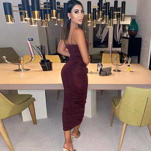 Ruched Strap Midi V Neck Bodycon Dress